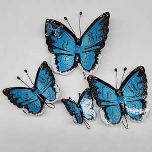 Hand Painted Ceramic Butterfly Wall Decor Hanging Blue & Black Set of 4